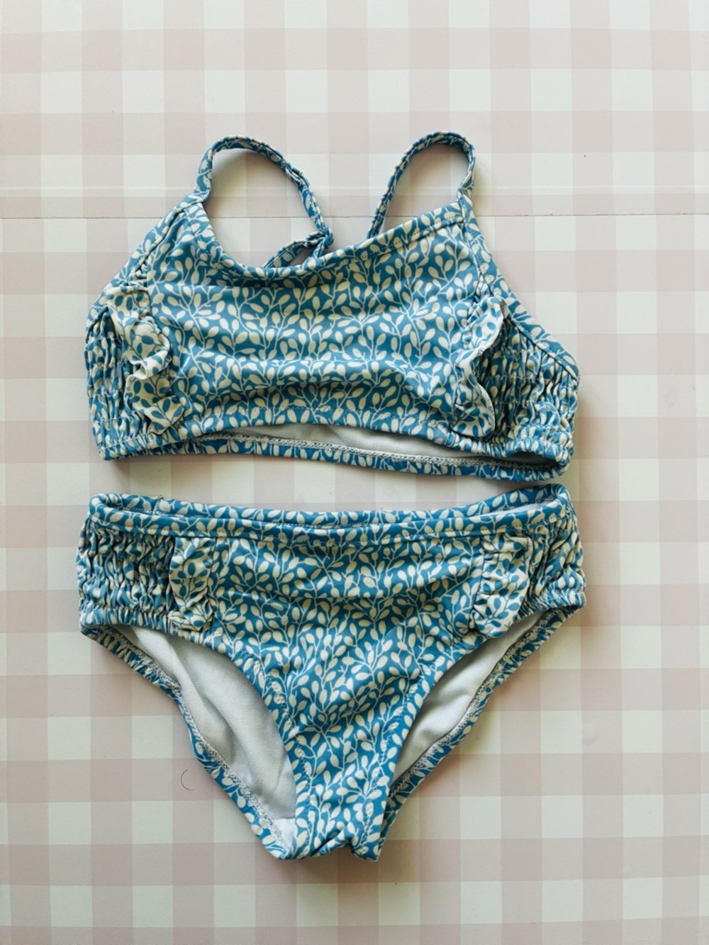 Mini Boden Blue and White Leaf Print Two-Piece Swimsuit